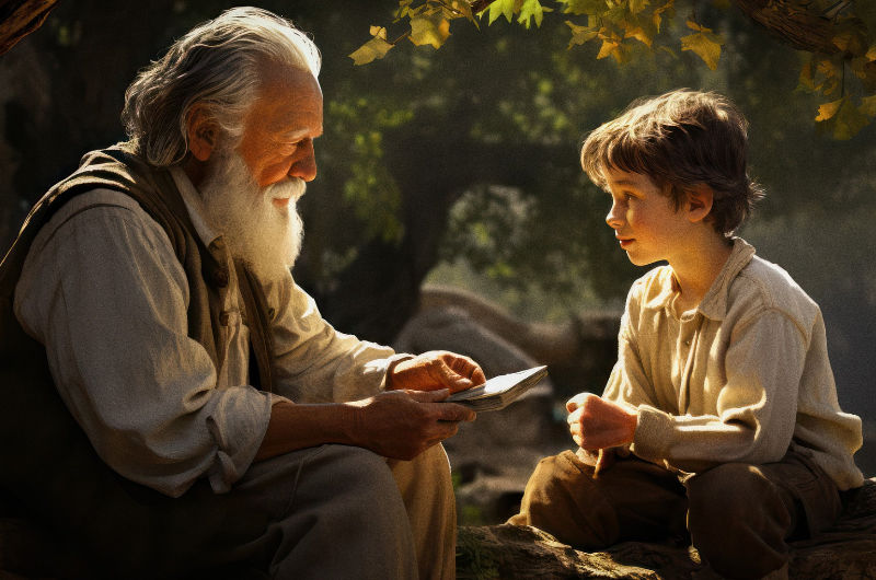 Ein alter Mann mit weißem Bart sitzt unter einem Baum und zeigt einem Jungen ein Buch – symbolisch für Weisheit, Verbindung zwischen den Generationen und gelebte Meisterschaft