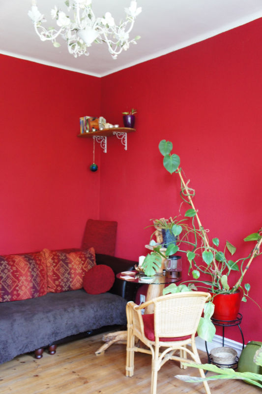 Gemütlicher Sitzbereich im Roten Salon mit roter Wand, Sofa, Rattanstuhl, großem Philodendron und Holztisch in der Praxis von Tanja Richter