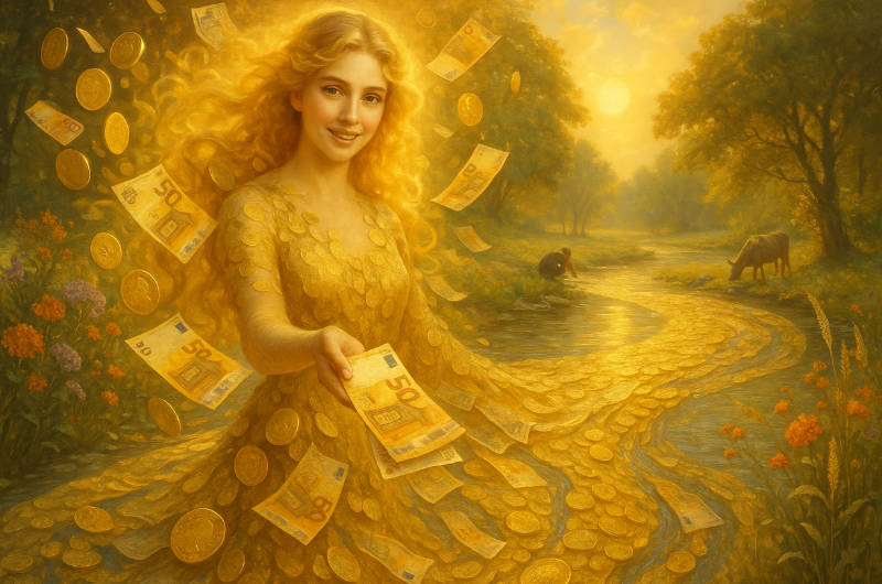 Darstellung des Geldwesens als freundliche goldene Frau in einem Fluss aus Münzen und Euroscheinen, umgeben von Natur und Sonnenlicht.