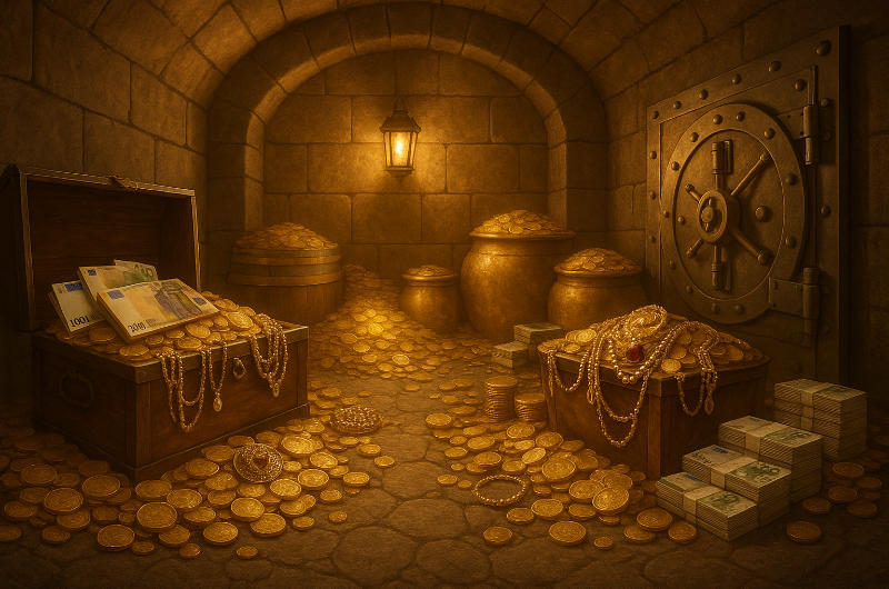 Ein Schatzraum voller Goldmünzen, Geldscheine und Juwelen als Symbol für ein sicheres Konto
