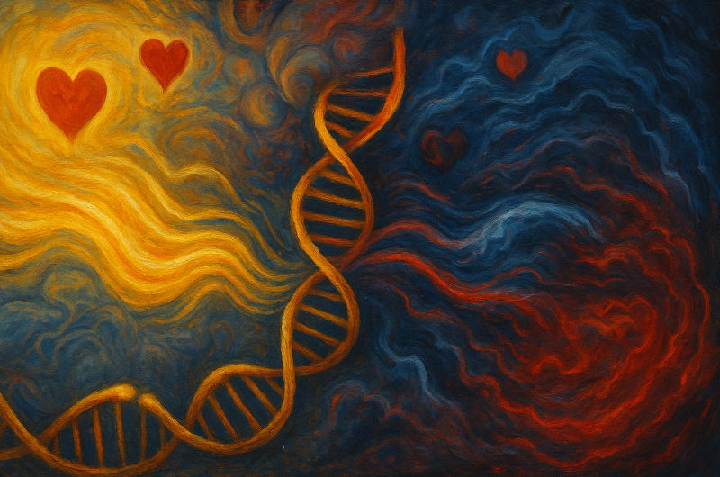 Symbolische Malerei einer goldenen DNA-Doppelhelix zwischen leuchtenden Herzen und Energiewellen – Verbindung von Wissenschaft und Spiritualität.