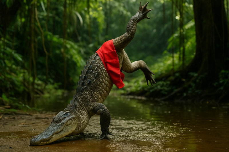 Ein Krokodil im roten Miniröckchen macht einen Handstand im Dschungel – Symbol für die Kunst des Albernseins in der spirituellen Praxis