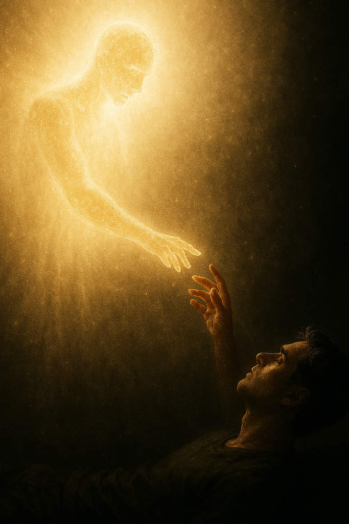 Leuchtende, goldene Lichtgestalt berührt die Hand eines liegenden Menschen – symbolisches Bild für Nahtoderfahrung, Übergang, Selbstliebe und spirituelle Erkenntnis.
