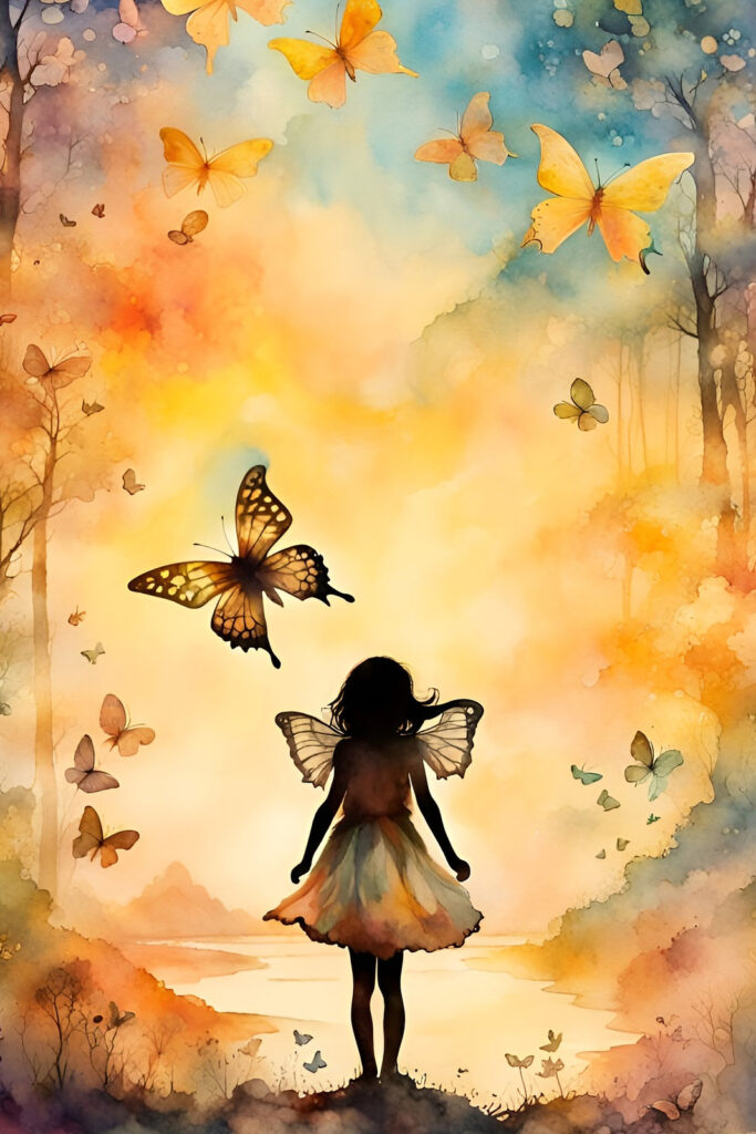 Magisches Aquarell eines Mädchens mit Feenflügeln, das in eine leuchtende Welt voller bunter Schmetterlinge blickt – fantasievolle Szene wie aus einem Jugend-Fantasyroman.