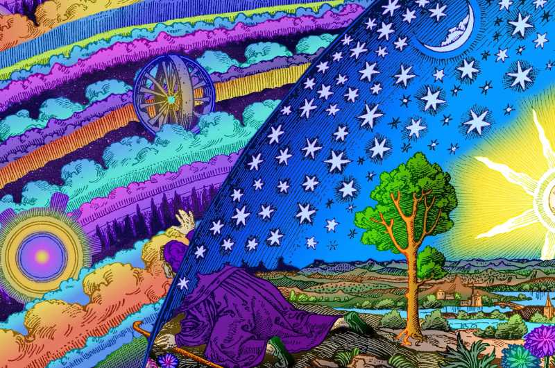 Ein Mensch hebt den Rand des Himmelszelts an und blickt in eine andere Wirklichkeit mit Sphären, Sternen und kosmischen Strukturen – Symbol für den Wandel des Weltbildes.