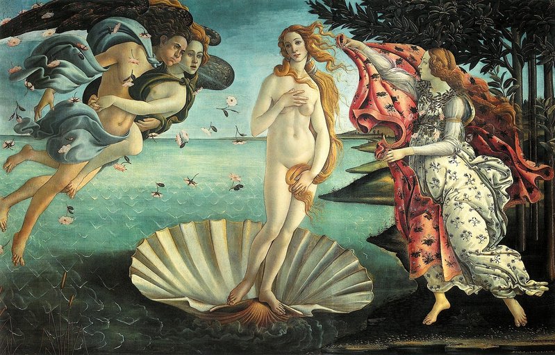 Klassisches Gemälde ‚Die Geburt der Venus‘: nackte Frau auf einer Muschel im Meer, umgeben von Windgöttern und einer Frau mit rotem Mantel – Symbol für Venus, Liebe und weibliche Schöpferkraft.