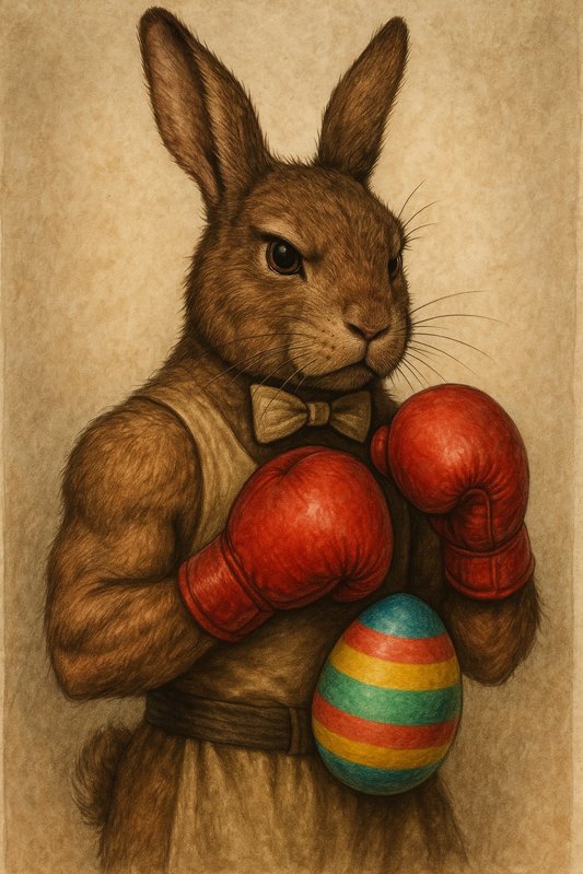 Illustration eines ernst blickenden Osterhasen mit roten Boxhandschuhen und buntem Osterei – humorvolles Symbol für Schutz, Stärke und Frühlingsenergie.