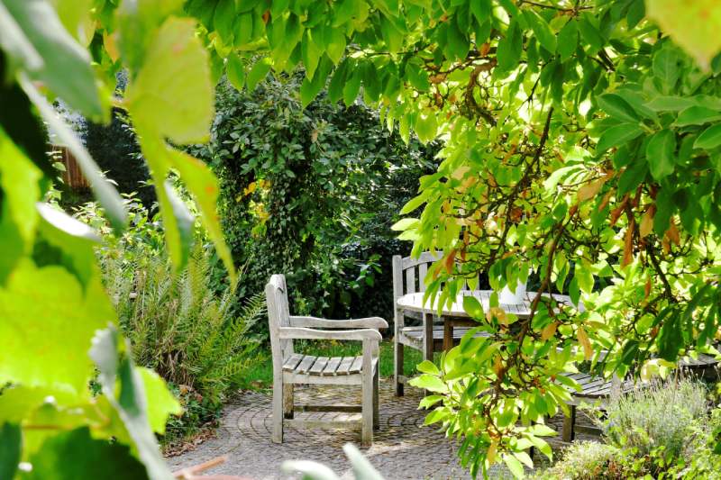 Verwunschener Garten mit Sitzplatz im Grünen, ein Ort zwischen natürlichem Wachstum und bewusster Gestaltung als Symbol für Beltane und die Verkörperung eines Seelenwunsches.