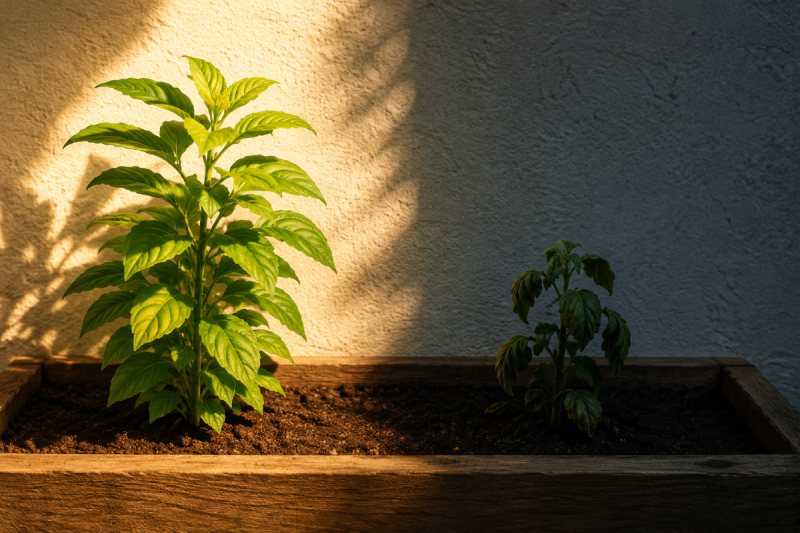 Zwei Pflanzen wachsen im selben Beet. Eine steht im Sonnenlicht, die andere im Schatten. Das Bild symbolisiert, dass Neid im Unternehmen oft auf ungleiche Bedingungen und nicht auf mangelnde Größe hinweist.