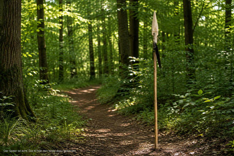 Handgefertigter Speer steht auf einem Waldweg zwischen Bäumen
