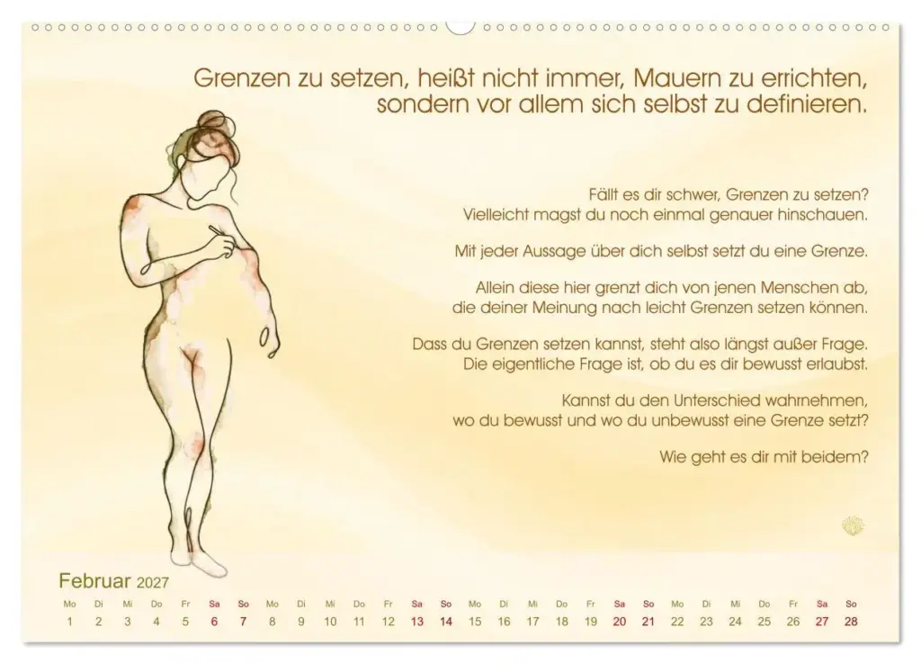 Kalenderblatt Februar 2027: Eine stehende Frauenfigur in feiner Tuschelinie zum Leitsatz „Grenzen zu setzen, heißt nicht immer, Mauern zu errichten, sondern vor allem sich selbst zu definieren", dazu Reflexionsfragen.